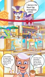 Size: 1282x2164 | Tagged: safe, edit, edited screencap, screencap, eggmund bunny, feather clips, luminous dazzle, queen haven, silver swing, skye silver, 莉芙, pegasus, pony, rabbit, unicorn, g5, my little pony: tell your tale, the hunt for eggmund bunny, spoiler:g5, spoiler:my little pony: tell your tale, spoiler:tyts01e48, animal, bathroom, book, bookshelf, bowtie, chocolate egg, comic, female, food, glasses, hat, male, mare, sandwich, scissors, screencap comic, speech bubble, stallion, text, top hat, unnamed character, unnamed pony