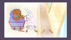 Size: 3072x1727 | Tagged: safe, screencap, eggmund bunny, rabbit, g5, my little pony: tell your tale, the hunt for eggmund bunny, spoiler:g5, spoiler:my little pony: tell your tale, spoiler:tyts01e48, animal, carrot, clothes, food, frown, male, slippers, solo, trolley