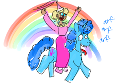 Size: 4200x2800 | Tagged: safe, artist:horsesplease, party favor, human, pony, unicorn, g4, barking, blonde, camp camp, clothes, cult camp, derp, doggie favor, doggiecorn, doodle, dress, fangirl, female, girly girl, humans riding ponies, jen (camp camp), male, panting, princess, rainbow, riding, rooster teeth, simple background, stallion, stupid, white background
