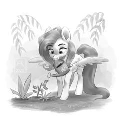 Size: 2160x2160 | Tagged: safe, artist:bluefeathercat, fluttershy, pegasus, pony, g4, female, flower, grayscale, high res, mare, monochrome, mouth hold, signature, simple background, solo, spread wings, watering, watering can, white background, wings
