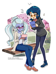 Size: 1049x1373 | Tagged: safe, artist:twilite-sparkleplz, indigo zap, sugarcoat, human, equestria girls, g4, alternate hairstyle, bench, clothes, duo, duo female, female, glasses, nintendo ds, pants, pigtails, sweater, twintails