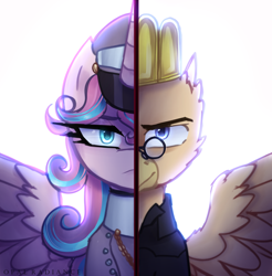 Size: 2800x2840 | Tagged: safe, artist:opal_radiance, princess flurry heart, oc, oc:grover vi, alicorn, griffon, pony, equestria at war mod, g4, colored wings, commission, duo, duo male and female, eyebrows, fanfic art, female, frown, griffon oc, high res, male, simple background, smiling, smirk, spread wings, white background, wings