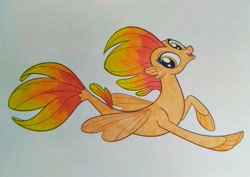 Size: 4013x2841 | Tagged: safe, artist:valpinamoon, haven bay, seapony (g4), g4, my little pony: the movie, dorsal fin, female, fin, fin wings, fins, fish tail, flowing tail, open mouth, open smile, recolor, red mane, red tail, simple background, smiling, solo, swimming, tail, traditional art, white background, wings