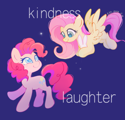 Size: 2383x2289 | Tagged: safe, artist:starfallmoonlight, fluttershy, pinkie pie, earth pony, pegasus, pony, g4, blue background, cute, duo, female, flying, high res, looking at each other, looking at someone, simple background, smiling