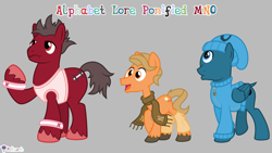 Size: 7111x4000 | Tagged: safe, artist:melisareb, part of a set, earth pony, pegasus, pony, g4, .svg available, 16:9, absurd resolution, alphabet lore, bald, beanie, clothes, crossover, dock, gray background, hairless, hat, leg warmers, m, male, n, o, one eyed, open mouth, raised hoof, scarf, shirt, simple background, sleeveless, sleeveless shirt, species swap, stallion, sweater, tail, trio, trio male, unshorn fetlocks, vector, wat, wavy mouth, wings, wristband