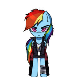 Size: 1000x1000 | Tagged: safe, artist:menalia, rainbow dash, pegasus, pony, g4, bandage, boots, clothes, danganronpa, female, jacket, leather, leather jacket, looking at you, mare, pants, shirt, shoes, simple background, solo, sprite, style emulation, tomboy, transparent background, wings