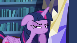 Size: 1920x1080 | Tagged: safe, screencap, twilight sparkle, alicorn, pony, g4, season 5, what about discord?, book, bookshelf, female, floppy ears, mare, narrowed eyes, solo, suspicious, twilight sparkle (alicorn), twilight's castle, unamused