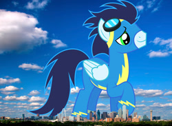 Size: 2048x1499 | Tagged: safe, anonymous editor, artist:dashiesparkle, edit, soarin', pegasus, pony, g4, clothes, dallas, giant pegasus, giant pony, goggles, highrise ponies, irl, macro, male, mega giant, photo, ponies in real life, solo, stallion, story included, texas, uniform, wonderbolts uniform