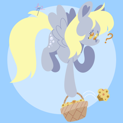 Size: 3000x3000 | Tagged: safe, artist:fizzlefer, derpy hooves, pegasus, pony, g4, basket, blue background, cute, derpabetes, female, flying, food, high res, mare, muffin, question mark, simple background, solo