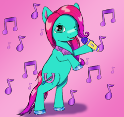 Size: 1800x1700 | Tagged: safe, artist:php176, derpibooru exclusive, jazz hooves, earth pony, pony, g5, cute, female, gradient background, gradient mane, hoof polish, jazzibetes, looking at you, mare, microphone, music notes, one eye closed, open mouth, pink background, raised hoof, rearing, shading, simple background, smiling, solo, sparkles, standing on two hooves, wink, winking at you