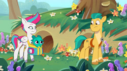 Size: 3072x1727 | Tagged: safe, screencap, hitch trailblazer, sparky sparkeroni, zipp storm, dragon, earth pony, pegasus, pony, g5, my little pony: tell your tale, the hunt for eggmund bunny, spoiler:g5, spoiler:my little pony: tell your tale, spoiler:tyts01e48, baby, baby dragon, carrot, female, food, frown, male, mare, stallion, sweat, sweatdrop, trio