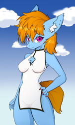 Size: 2180x3600 | Tagged: safe, artist:crystal eve, oc, oc only, oc:gale spark, anthro, chest fluff, chinese dress, clothes, dress, ear fluff, female, hand on hip, high res, looking at you, sharp nails, smiling, solo
