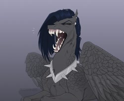 Size: 1850x1500 | Tagged: safe, artist:dementra369, oc, oc only, oc:ruby drop, pegasus, pony, ear piercing, eyes closed, fangs, gradient background, lying down, open mouth, pegasus oc, piercing, prone, sharp teeth, solo, teeth, tongue out, yawn