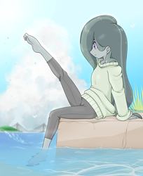 Size: 2251x2754 | Tagged: safe, alternate version, artist:batipin, marble pie, human, equestria girls, g4, barefoot, clothes, equestria girls-ified, feet, female, high res, ocean, pants, sitting, solo, sweater, water