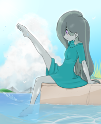 Size: 2251x2754 | Tagged: safe, alternate version, artist:batipin, marble pie, human, equestria girls, g4, barefoot, clothes, equestria girls-ified, feet, female, high res, ocean, sitting, solo, water