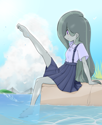 Size: 2251x2754 | Tagged: safe, alternate version, artist:batipin, marble pie, human, equestria girls, g4, barefoot, clothes, equestria girls-ified, feet, female, high res, ocean, school uniform, sitting, solo, water