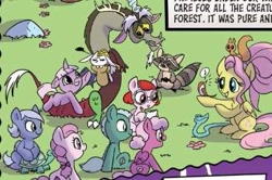 Size: 367x244 | Tagged: safe, idw, official comic, screencap, angel bunny, discord, fluttershy, earth pony, pegasus, pony, rabbit, raccoon, squirrel, unicorn, g5, spoiler:comic, spoiler:g5comic, spoiler:g5comic02, angel bunny is not amused, animal, colt, cropped, female, filly, flashback, foal, male, older, older fluttershy, unamused