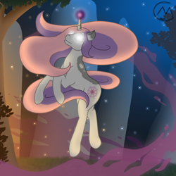 Size: 3200x3200 | Tagged: safe, artist:maître cervidé, oc, oc:arcana glyph, pony, unicorn, female, forest, grass, high res, magic, night, not sweetie belle, solo, spark, stone