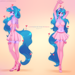 Size: 3000x3000 | Tagged: safe, artist:xjenn9, izzy moonbow, unicorn, anthro, g5, bare shoulders, bedroom eyes, belly button, breasts, busty izzy moonbow, cleavage, clothes, female, gloves, gradient background, hearts and hooves day, high res, horn, letter, long gloves, midriff, skirt, sleeveless, solo, stockings, thigh highs, ych example, your character here, zettai ryouiki