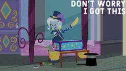 Size: 1920x1080 | Tagged: safe, edit, edited screencap, editor:quoterific, screencap, spike, spike the regular dog, trixie, dog, human, equestria girls, g4, street magic with trixie, spoiler:eqg series (season 2), magician outfit, sword, weapon