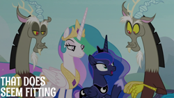 Size: 2000x1125 | Tagged: safe, edit, edited screencap, editor:quoterific, screencap, discord, princess celestia, princess luna, alicorn, draconequus, pony, g4, my little pony: friendship is magic, the ending of the end, multeity