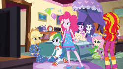 Size: 520x293 | Tagged: safe, screencap, applejack, fluttershy, pinkie pie, rainbow dash, rarity, spike, sunset shimmer, twilight sparkle, dog, human, equestria girls, g4, my little pony equestria girls: rainbow rocks, animated, clothes, dust cloud, footed sleeper, footie pajamas, humane five, humane seven, humane six, motion blur, nightgown, onesie, pajamas, sleepover, slumber party, spike the dog