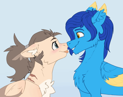 Size: 1986x1562 | Tagged: safe, artist:dorkmark, artist:helmie-art, oc, oc only, oc:dima, oc:helmie, pegasus, pony, boop, bust, chest fluff, colored wings, duo, duo male and female, ear fluff, ear piercing, earring, female, jewelry, looking at each other, looking at someone, male, mare, noseboop, oc x oc, piercing, portrait, scar, shipping, simple background, smiling, stallion, straight, tongue out, two toned wings, wings