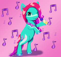 Size: 1800x1700 | Tagged: safe, alternate version, artist:php176, derpibooru exclusive, jazz hooves, earth pony, pony, g5, cute, female, gradient background, gradient mane, hoof polish, jazzibetes, lineless, looking at you, mare, microphone, music notes, one eye closed, open mouth, pink background, raised hoof, rearing, shading, simple background, smiling, solo, sparkles, standing on two hooves, wink, winking at you