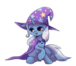 Size: 1358x1187 | Tagged: safe, artist:namaenonaipony, trixie, pony, unicorn, g4, cape, clothes, cute, diatrixes, female, hat, mare, open mouth, simple background, sitting, solo, trixie's cape, trixie's hat, white background, wizard hat