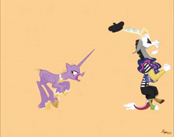 Size: 842x662 | Tagged: safe, artist:natalysweeneya1, discord, twilight sparkle, alicorn, pony, g4, the last problem, 2021, animated, bald, discord being discord, horn, jewelry, mime, no sound, older, older twilight, older twilight sparkle (alicorn), princess twilight 2.0, regalia, signature, simple background, stolen, trolling, twilight sparkle (alicorn), webm, yellow background