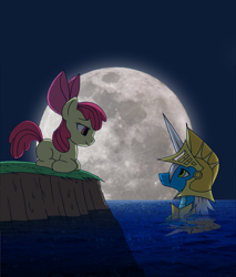 Size: 2550x3000 | Tagged: safe, artist:angel-wing101, apple bloom, oc, earth pony, pony, g4, duo, high res, moon, night, water