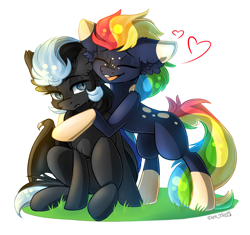 Size: 2642x2481 | Tagged: safe, artist:yuris, oc, oc only, bat pony, earth pony, pony, bat pony oc, duo, ears back, ears up, eyes closed, high res, hug, open mouth, simple background, smiling, trade, white background
