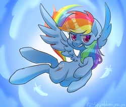 Size: 1200x1024 | Tagged: safe, artist:yukkuri_yu_yu, rainbow dash, pegasus, pony, g4, feather, female, japanese, mare, signature, solo, spread wings, wings