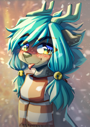 Size: 3508x4961 | Tagged: safe, artist:chaosangeldesu, oc, oc only, deer, blushing, clothes, cute, deer oc, gift art, non-pony oc, scarf, smiling, snow, snowfall, solo, tongue out
