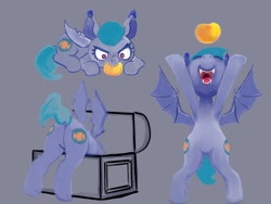 Size: 1066x800 | Tagged: safe, artist:ponsce, oc, bat pony, bipedal, butt, fangs, female, food, mango, mare, nose in the air, plot, solo, treasure chest