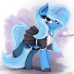 Size: 4000x4000 | Tagged: safe, artist:ser-p, trixie, pony, unicorn, g4, abstract background, absurd resolution, clothes, cup, female, looking at you, magic, maid, mare, raised leg, solo, stockings, telekinesis, thigh highs