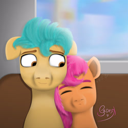 Size: 2060x2060 | Tagged: safe, artist:sadesix, derpibooru exclusive, hitch trailblazer, sunny starscout, earth pony, pony, g5, cute, duo, female, high res, male, ship:starblazer, shipping, sleeping, straight