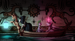 Size: 2771x1514 | Tagged: safe, alternate version, artist:inuhoshi-to-darkpen, spike, twilight sparkle, alicorn, dragon, pony, g4, boat, charon, chest fluff, glowing, glowing horn, horn, looking at something, open mouth, river, twilight sparkle (alicorn), water, wing fluff, wings