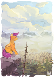 Size: 800x1143 | Tagged: safe, artist:headphonehijack, scootaloo, pegasus, pony, g4, cliff, forest, mountain, mountain range, scenery, solo