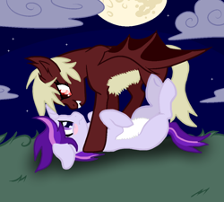 Size: 1000x900 | Tagged: safe, artist:ghostpikachu, oc, oc only, oc:dreaming star, oc:trinity, bat pony, pony, undead, unicorn, vampire, vampire bat pony, vampony, base used, bat pony oc, belly fluff, blushing, cloud, duo, ears back, eyelashes, fangs, female, horn, looking into each others eyes, lying down, male, mare, moon, night, on back, outdoors, pinned down, red eyes, scared, spread wings, stallion, unicorn oc, wings