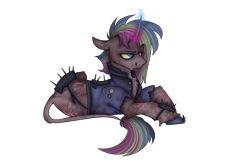 Size: 2000x1300 | Tagged: safe, artist:molars, oc, oc only, oc:arcade, pony, unicorn, fallout equestria, angry, annoyed, bicolour eyes, blood, blood stains, clothes, frown, horseshoes, jacket, leonine tail, multicolored mane, patch, raider, scar, simple background, solo, tail, transparent background