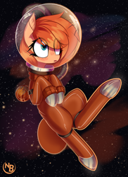 Size: 2700x3710 | Tagged: safe, artist:nevobaster, oc, oc only, oc:rusty gears, pony, female, freckles, galaxy, helmet, heterochromia, high res, mare, solo, space, space helmet, spacesuit, stars, wondering, zero gravity