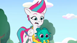 Size: 3072x1727 | Tagged: safe, screencap, sparky sparkeroni, zipp storm, dragon, pegasus, pony, g5, my little pony: tell your tale, the hunt for eggmund bunny, spoiler:g5, spoiler:my little pony: tell your tale, spoiler:tyts01e48, baby, baby dragon, duo, duo male and female, female, frown, male, mare, open mouth