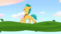 Size: 3072x1727 | Tagged: safe, screencap, hitch trailblazer, earth pony, pony, g5, my little pony: tell your tale, the hunt for eggmund bunny, spoiler:g5, spoiler:my little pony: tell your tale, spoiler:tyts01e48, eyes closed, male, open mouth, open smile, smiling, solo, stallion