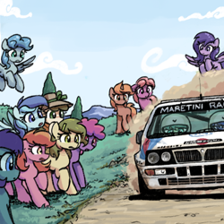 Size: 500x500 | Tagged: safe, artist:plunger, oc, oc only, earth pony, pegasus, pony, unicorn, car, dirt road, driving, dust cloud, female, hat, helmet, lancia, lancia delta, mare, motorsport, racecar, racing, solo, vehicle, world rally championship