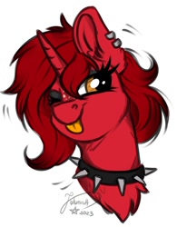 Size: 668x856 | Tagged: safe, artist:julunis14, oc, oc only, oc:harmonic chord, pony, unicorn, ;p, bust, collar, ear fluff, ear piercing, earring, eyeshadow, female, freckles, horn, jewelry, makeup, mare, one eye closed, piercing, portrait, signature, simple background, solo, spiked collar, tongue out, unicorn oc, white background