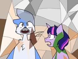 Size: 768x576 | Tagged: safe, artist:zangreene, twilight sparkle, bird, blue jay, pony, unicorn, semi-anthro, g4, bodypaint, crossover, crossover shipping, female, gotye, kimbra, male, mordecai, mordetwi, regular show, shipping, somebody that i used to know, song reference, straight