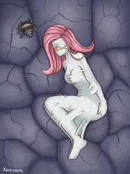 Size: 1588x2122 | Tagged: safe, alternate version, artist:xeninara, fluttershy, human, g4, blindfold, bondage, bound, damsel in distress, encasement, female, gag, humanized, mummification, mummified, mummy, simple background, spider web