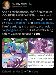 Size: 1079x1439 | Tagged: safe, artist:abbystarling, artist:abigail starling, artist:justasuta, artist:shauna j. grant, idw, official comic, izzy moonbow, violette rainbow, pony, unicorn, g5, spoiler:comic, spoiler:g5comic14, female, horn, mare, meta, twitter, vitiligo