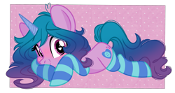 Size: 3339x1770 | Tagged: safe, artist:emberslament, izzy moonbow, pony, unicorn, g4, g5, clothes, cute, female, g5 to g4, generation leap, heart, heart eyes, izzybetes, lying down, mare, prone, simple background, socks, solo, striped socks, transparent background, wingding eyes